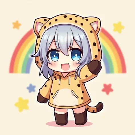 Cheetah ear hood、 cheetah costume hoodie、Parker、 boots🥾、nyaruko-san,  chibi!!!   Neferpitot,  chibi,  Maple Story , 、 chibi,    senko-sa  , kawaii  chibi,  minimalist、 chibiキャラ、 mini characters、The background is a colorful rainbow 、 bob cut、Blue Eyes、 blue...