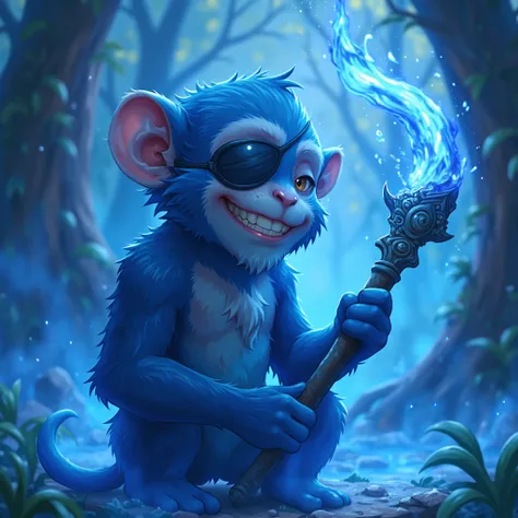 Blue-colored monkey, wearing an eye patch on one side, holding a long staff, grinning widely, surrounded by blue light, with a fantasy and mysterious atmosphere.