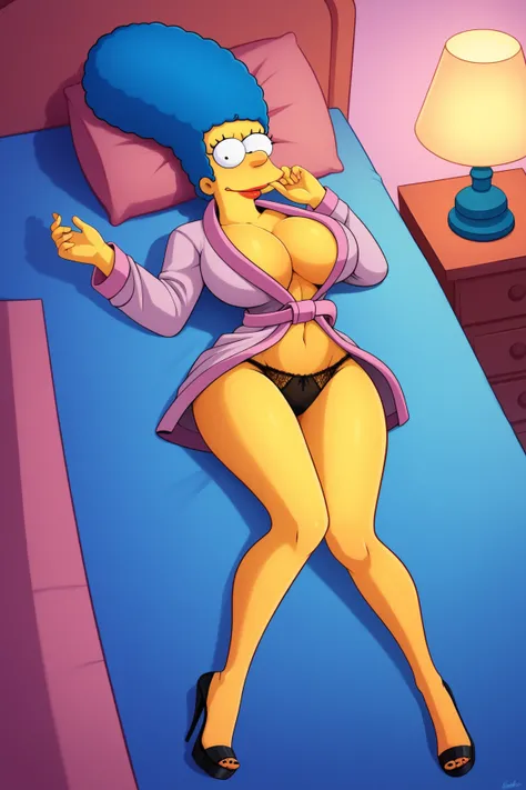 marge simpson,in the room, lying on the bed,anoite, lamp light ,Marge with a nervous face, with a super sexy body ((  big breasts,wide ass, )),  blue hair,  yellowish skin  ,   red lips, focus on the wide hips , wearing a pink bathrobe (fechado), lace pant...