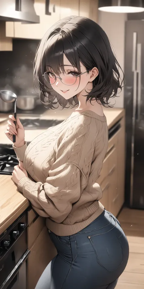 top quality, masterpiece,  high resolution, 8k, 1 girl, Alone, (((cowboy shot))), milf, Busty MILF, gentle black droopy eyes,  dark-haired shorthair on a suburban road, Cute Glasses, beige summer sweater with jeans, Cook with a ladle in your right hand, Ma...