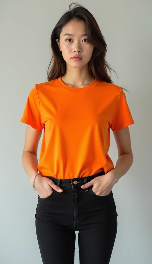 a youny women, wear orange T-shirt and black jeans, looking in the camera, standing form straight angle