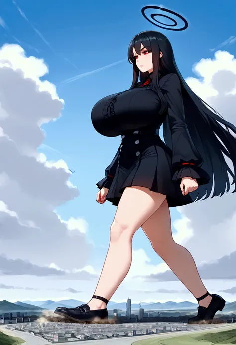 Woman, solo,long black hair,red eyes,huge breasts,Short fitted gothic black dress ,giantess,landscape,cities,giga giantess,continents, Clouds around the giantess, Walking, black halo with rays, continental giantess, Full body view, Side view 