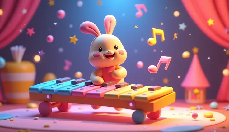 - Xylophone
"A colorful 3d xylophone on a cartoon stage with 3d ren tapping the keys. Bright music notes float around, and the background is filled with twinkling stars and confetti."