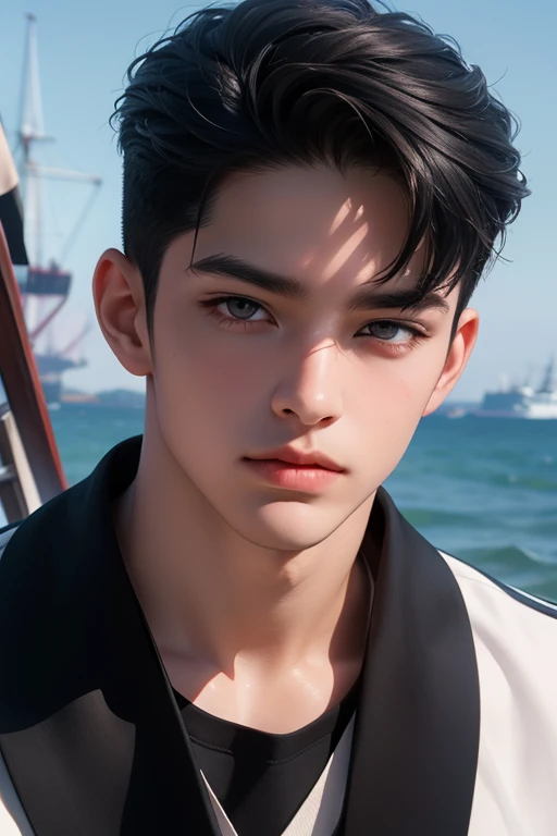 young boy, handsome face, charming gaze, black hair, gray eyes, wearing sailor uniform, looking at the viewer, sea and ship background, sharp eye details, sharp face details, body details, make 4k and 8k images