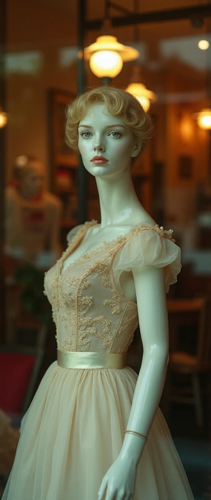 (A masterpiece of vintage style). An image of a vintage female mannequin.((The figure, head and hair of the mannequin are completely made of porcelain)). The mannequin stands at full height in the window of an antique store, half turned and leaning back, f...