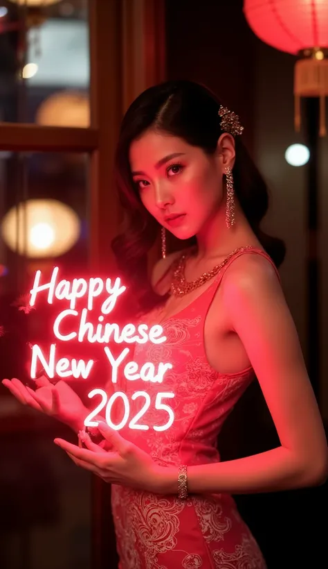 Thai actress wearing sexy Chinese New Year dress, and (((holding "Happy Chinese New Year 2025"))) red neon sign, Chinese lighting in background