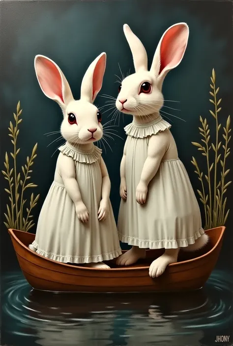 The image is a dark painting of two rabbits with very large human eyes, Do the rabbits wear a white dress, The rabbits are on top of a wooden boat,  allows you to observe water in the image and plants in the background. In heaven the word "JHONY " It appea...