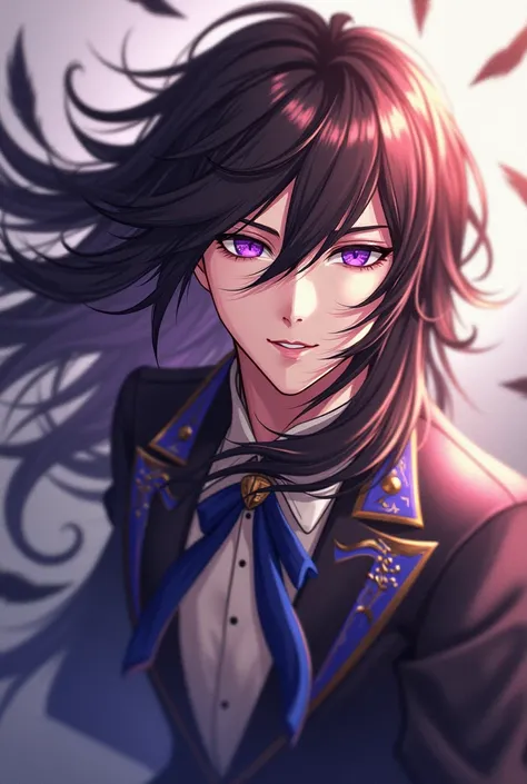 An anime character, a man with long brown hair and violet eyes