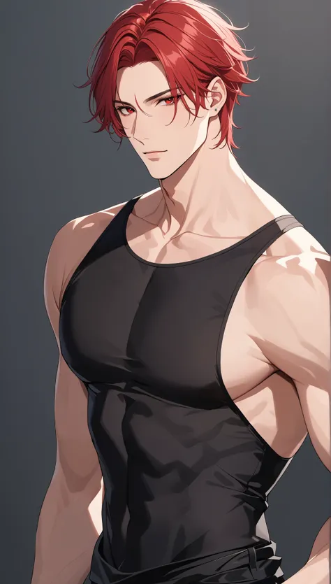 top quality　 Masterpiece 　 high definition 　 Masterpiece 　, red hair man,　　 red Eyes man 　  plain backround, no backround, white backround, male, mascular body , handsome, ikemen, thight black shirt