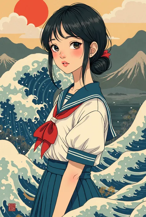 In the style of Ukiyo-e drawn by Katsushika Hokusai、I want you to draw a character of a modern high school girl、