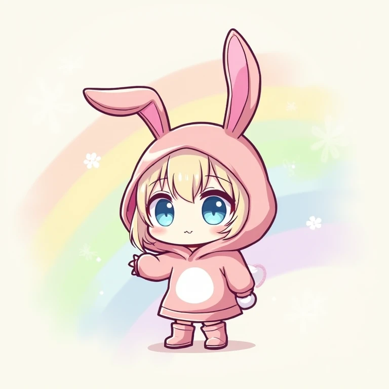 girl wearing rabbit ear hood 、 girl wearing rabbit costume hoodie、Parker、 boots🥾、nyaruko-san,  chibi!!!   Neferpitot,  chibi,  Maple Story , 、 chibi,    senko-sa  , kawaii  chibi,  minimalist、 chibiキャラ、 mini characters、The background is a colorful rainbow ...