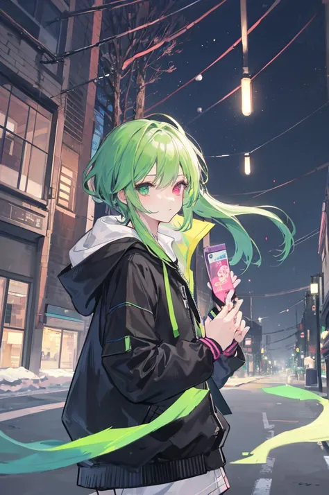   1 boy at night、 green hair Shortcut 、 green hair、     heterochromia ＋  pink、Light green、  put your hands in your jacket pocket、  black hoodie in the hands of viewers、 3:3、The background is a winter landscape  