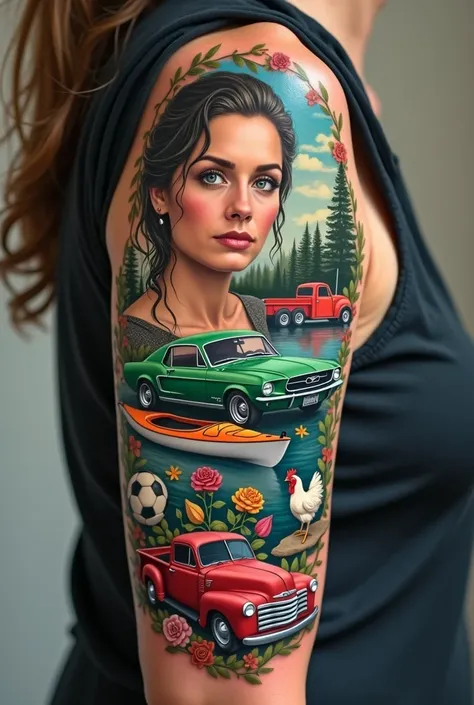 tattoo of a green mustang, a kayak on a lake, a soccer ball, a semi truck, a red pickup truck, a chicken, a rose, and a old lady looking over the lake