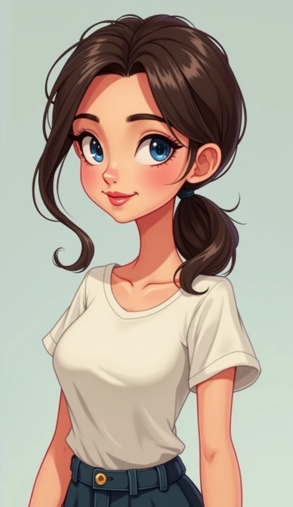 Create a middle hair cartoon   character casual Tshirt(covered)  dress woman with blue eyes and dark brown shiny hairs. she must have low pony tail with her middle lenght of hairs , also giving me front posture. I want just a plain middle hair low pony