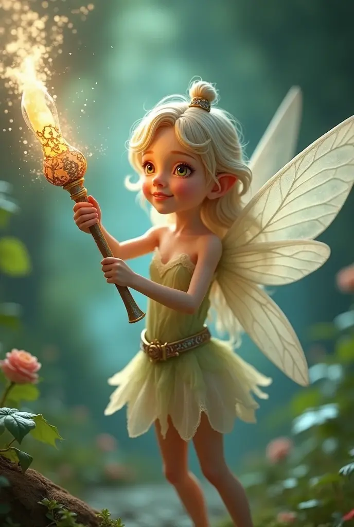 
"The little fairy is walking barefoot on the grass, touching the soft leaves, and butterflies flying around her. In his hands is a luminous magic wand, scattering a faint light 

