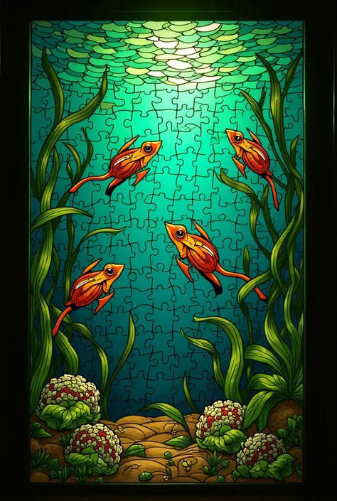  Intricate Stained Glass Inspired by a Closeup of a Box Containing a Puzzle , Puzzle Art ,  にインスパイアされた複雑な Stained Glass ,  Stained Glass art,  Stained Glass style, backlit  Stained Glass,  jigsaw puzzle, intricate  Stained Glass, Psychedelic Frogs , A mast...