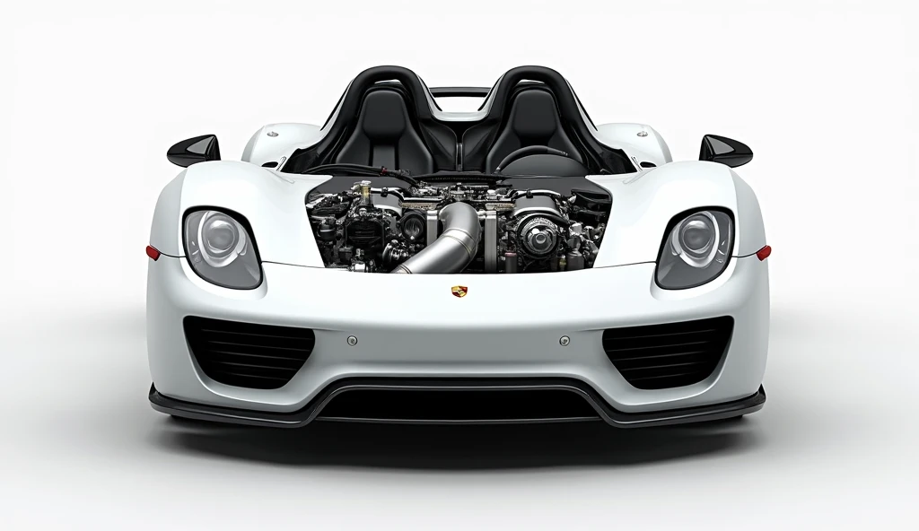 Porsche 918 spyder Interior Full Strait Front View of just engine  white  color 