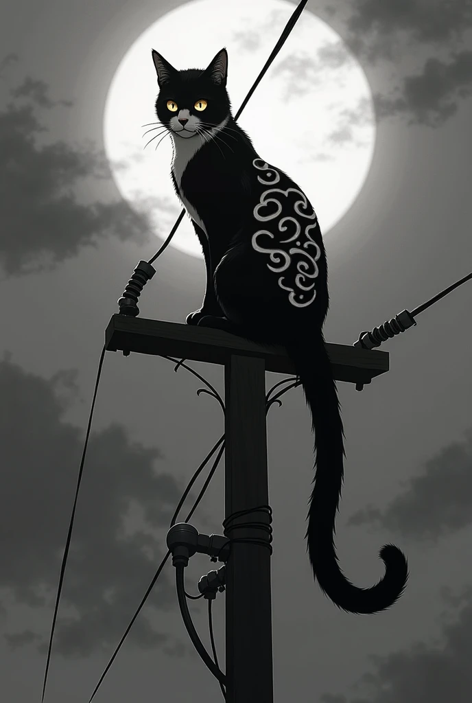 A black and white cat with itachi signature akatsuki scene on top electric pole