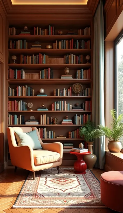 Modern reading corner home Library chic and elegant a bit vibrant calm india without people quirky 