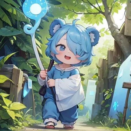 A blue monkey with one eye, a cloth covering one eye, holding a long stick, smiling widely, surrounded by blue light.