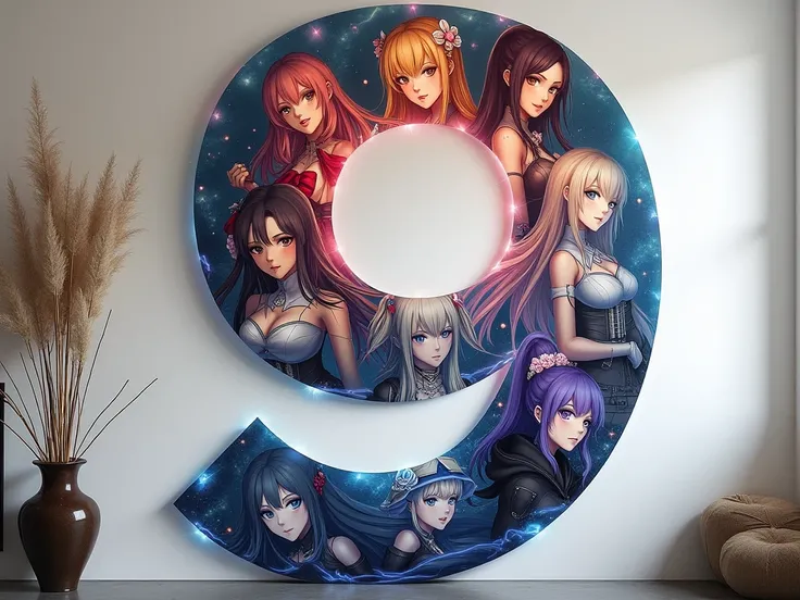 A large giant painting with the number 9 is transparent, while inside the number 9 are anime girls and the famous sexy beautiful games
