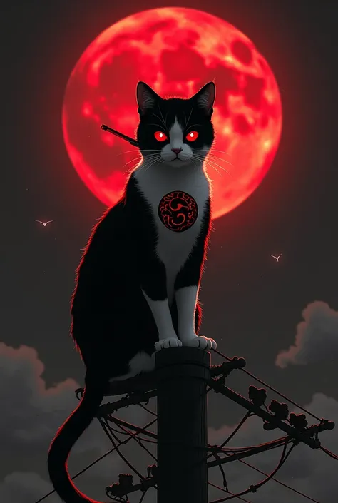 A black and white cat with itachi signature akatsuki scene on top electric pole with sword and Mangekyou sharingan and red moon