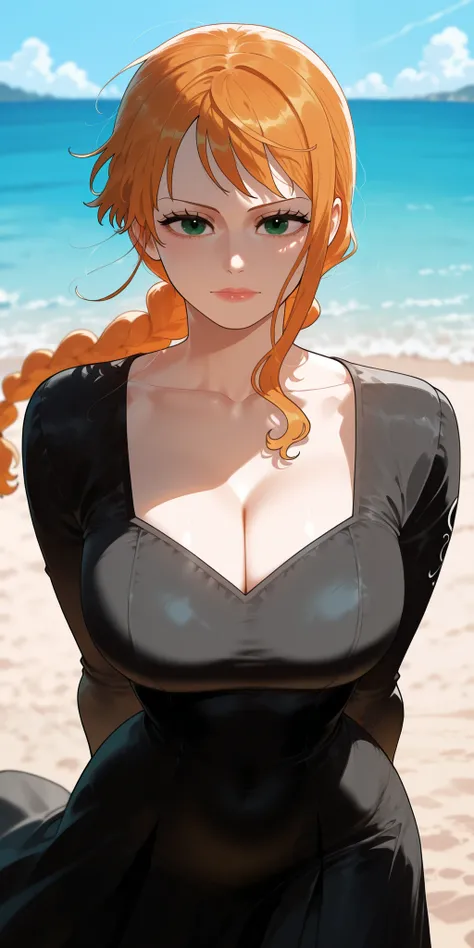 1girl, Nami, one piece, long hair, green eyes, braid, orange hair, braided ponytail, dress, black dress, collarbone, long sleeves, beach, ocean, hands behind back, looking at viewer, facing forwards, dynamic pose, wind blowing,
