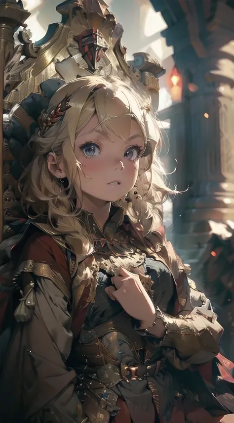 (   best image quality  ,  masterpiece:1.2), (  ultra high definition illustrations ), (  so cute :1.3), (  1 girl:1.2),  alone, (   short blond hair   ), (  dark:1.3), rpgroyalty,  red cloak , tiara ,crown,  frill,Hold the cloak and spread out your hands,...