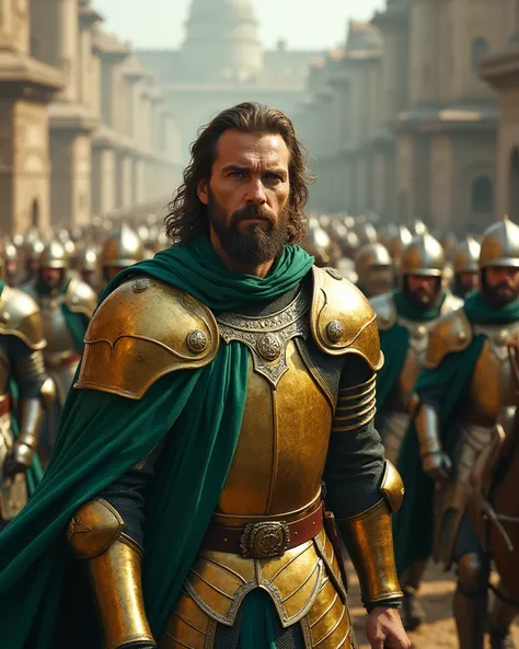 Ancient medieval cityscape、Form formations and charge, skilled commander knights wearing gold armor and green cloaks with swords, and soldiers wearing silver armor and green capes、bleached brown hair、 textured skin, Beard, Solemn,