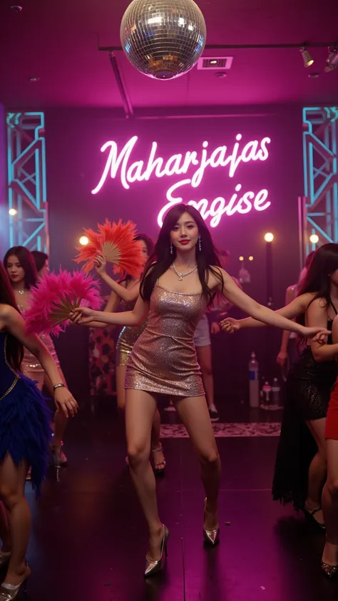  several women dancing while swinging their hips in maharajas bodycon、 women are dancing with fans with brightly colored feathers.、 low angle shot、 light from a large mirror ball hanging in the center of the ceiling 、 in pink letters 「Mature Woman Exposing...