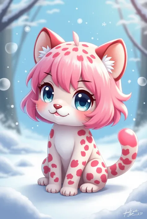 Make cute chibi snow leopard girl with pink hair