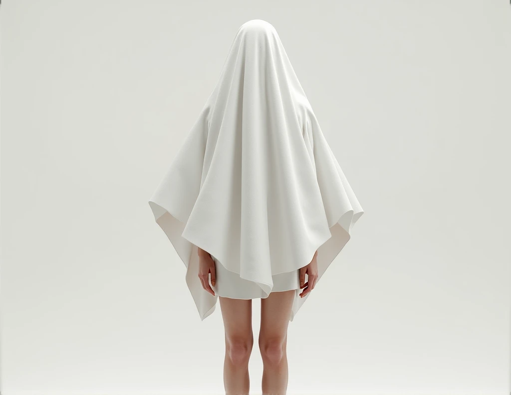 Create an image of a person wearing a short white poncho without a hat