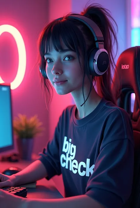 Gamer girl with Big-check typed on her shirt and big mid lane text