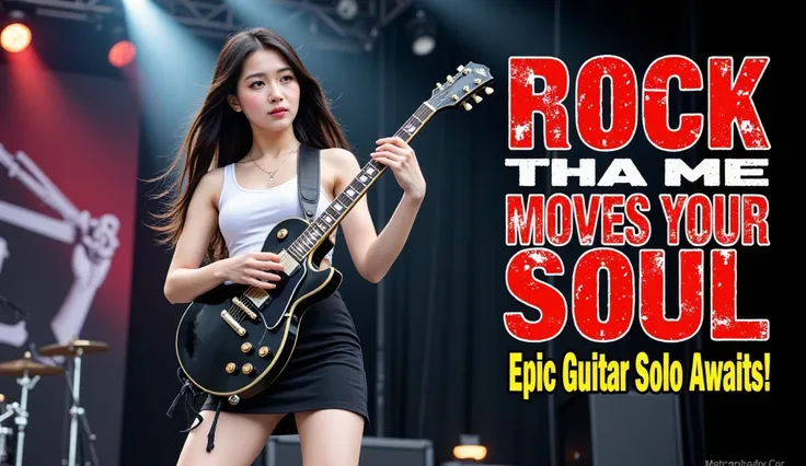 An Asian woman around 19 years old with long black hair is playing a Gretsch G5220 Electromatic Jet BT Single-Cut Electric Guitar with V-Stoptail, black Firestick with rock style on stage she is looking at the camera, she is wearing a white sleeveless crop...