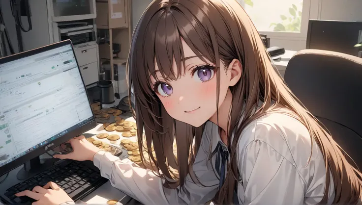 upscale home room 、 white office shirt、 black tight miniskirt、 brown long hair、 cute girl、20 years old、 stares at the camera、 showing bitcoins on computer