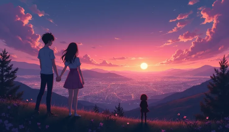 An anime-style YouTube channel banner capturing a distant panoramic view. Depict a romantic couple standing on a hill overlooking a beautiful twilight cityscape with shimmering lights and serene streets in the background. The characters are drawn with expr...