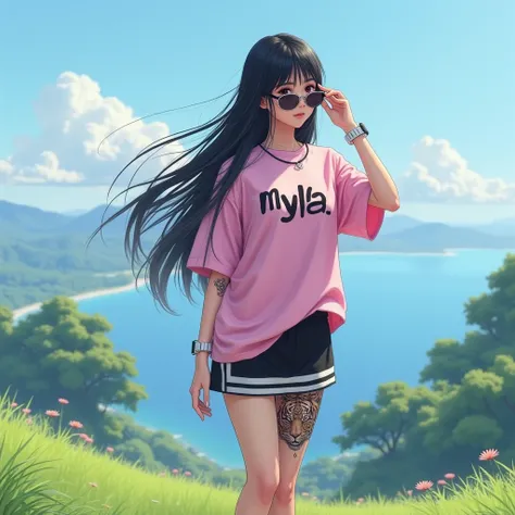 Realistic 3D original photo.a long-haired Japanese girl dyed deep black and there was a mixture of light white, wearing intense sunglasses,werna pink and written oversize t-shirt,, myla,, behind his shirt with a big, black miniskirt and a white stripe, the...