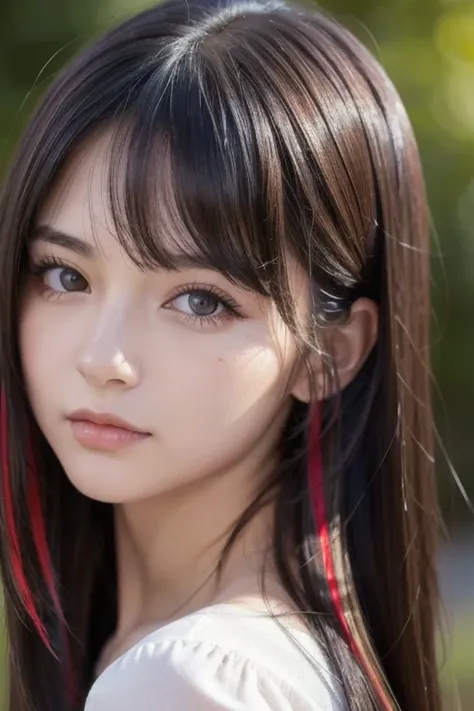 2D French girl with long black hair with ONE red streak and brown eyes, Skin color is white. A photo focusing on the face and hair. 