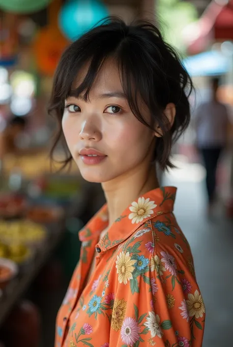 Thai women, Short hair, very beautiful , Pinkish white skin, 20 years old, Wear a floral shirt,  markets in the provinces, 2016.Prof. 2520, Merchants in the 