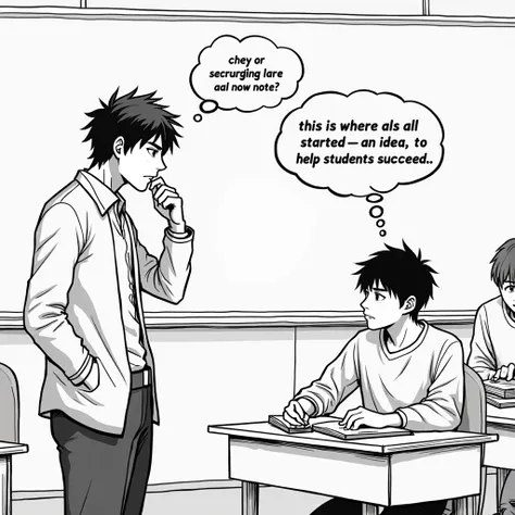 A flashback manga-style panel showing you looking at a struggling student with a thought bubble: “This is where it all started—an idea to help students succeed.