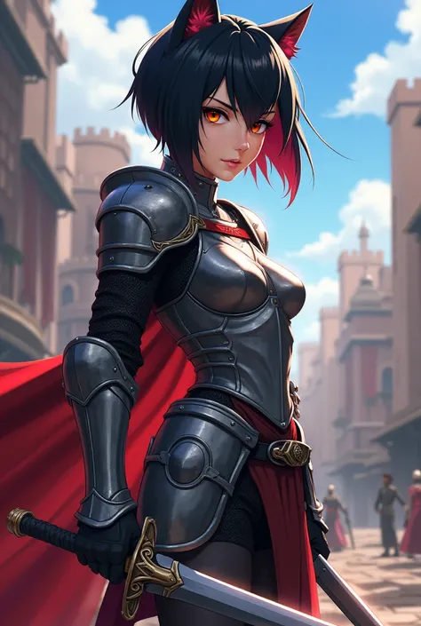 Anime Tomboy female knight with black hair in a wolf cut