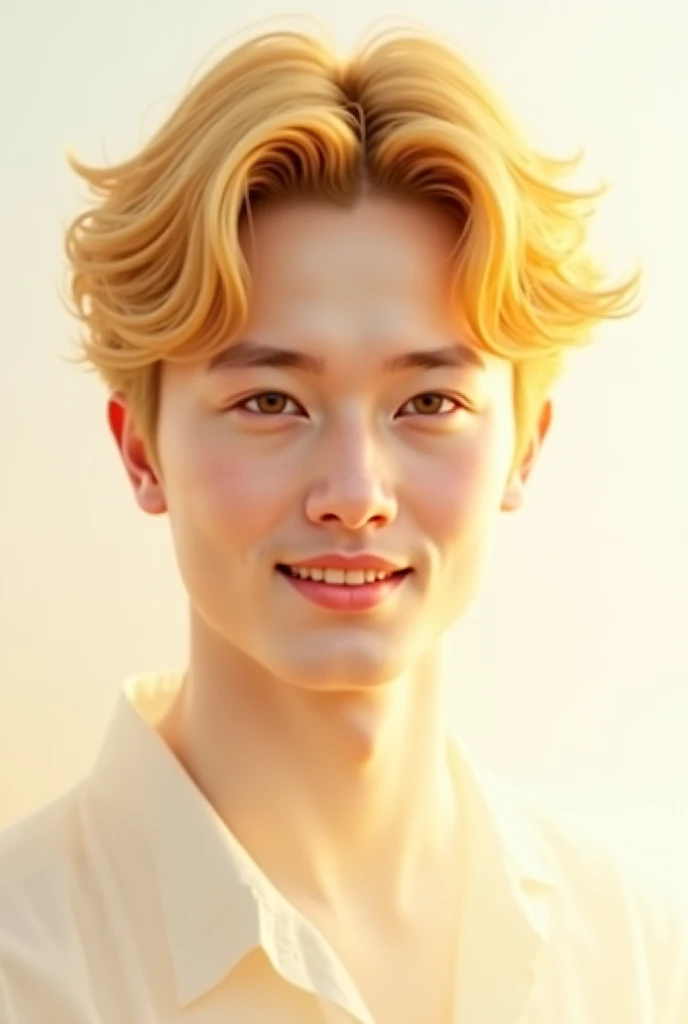 Anime. A golden-haired man with shiny golden eyes, pale white skin with a warm smile. The background is white