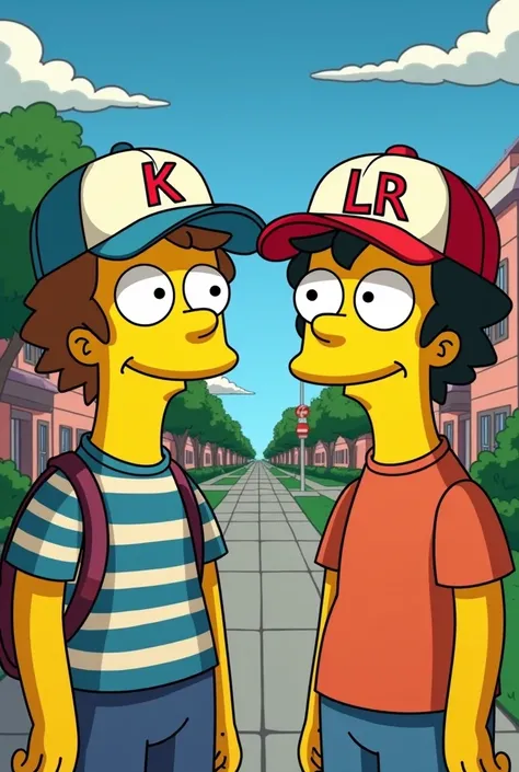 2 young people with caps, one that says the letter K on his hat and the other young man who says L on his cap the letter R, Simpson version