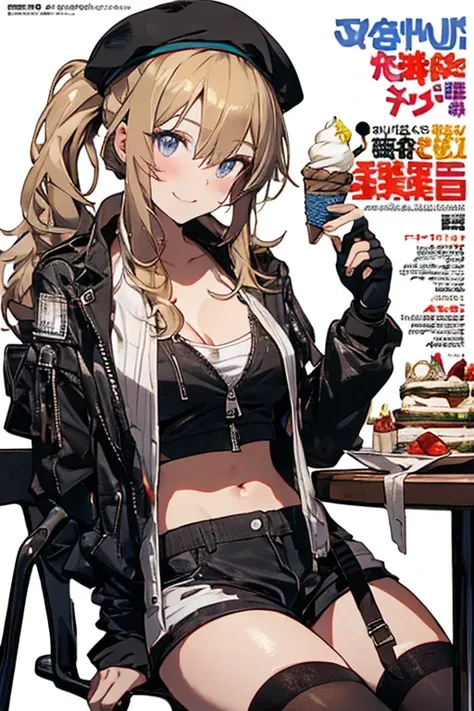 (from below:1.2),(from side:0.9), ((cute Face)), (Close-Up:0.6), ((looking at viewer, holding a icecream)),(Italian sweets magazine cover:1.4), highest quality、(real、photorealistic:1.5),(ultra high resolution,blondes hair,long hair,side ponytail,hair betwe...