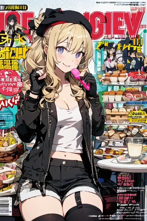 (from below:1.2),(from side:0.9), ((cute Face)), (Close-Up:0.6), ((looking at viewer, holding a icecream)),(Italian sweets magazine cover:1.4), highest quality、(real、photorealistic:1.5),(ultra high resolution,blondes hair,long hair,side ponytail,hair betwe...