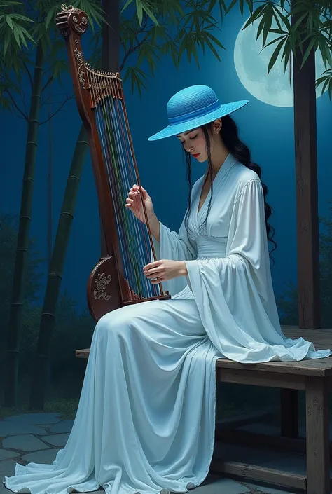  impasto glas embos effect ,mirror shadow, ultra realistic ,  a female macabre ,  phalxy character ,Tsunade Senju,  blue fedora hat , with curvy plus size, traditional Chinese dress white color , sitting dynamic plays Guzheng  (harp) naga, spooky pavilion ...