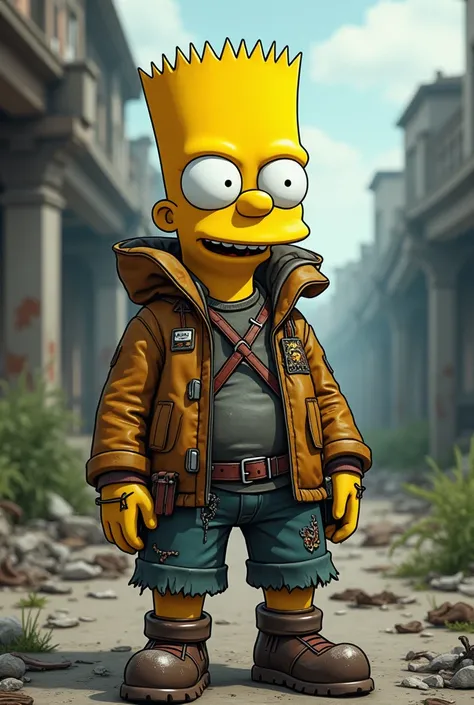 Create an image of Bart Simpson wearing the costumes of The Walking Dead characters