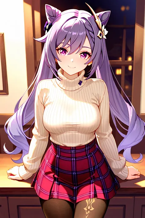 8k,masterpiece, best quality, ultra detailed, high resolution, super fine illustration,Keqing (Genshin impact), 1girl, solo, smile,purple eyes, purple hair, cone hair bun, double bun, braided bangs, long hair, medium breasts, turtleneck sweater, ribbed swe...