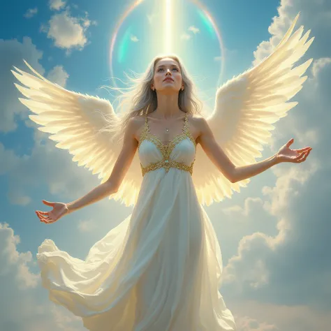 Beautiful angel、  There is a woman with gray hair and a white dress with gold details、 Beautiful angel, Beautiful angelの少女の,  beautiful female angels offering their love, Beautiful angelの肖像画,  (whole body)、Spread your wings、霊妙な光の angelic 存在,  angelic , Bea...