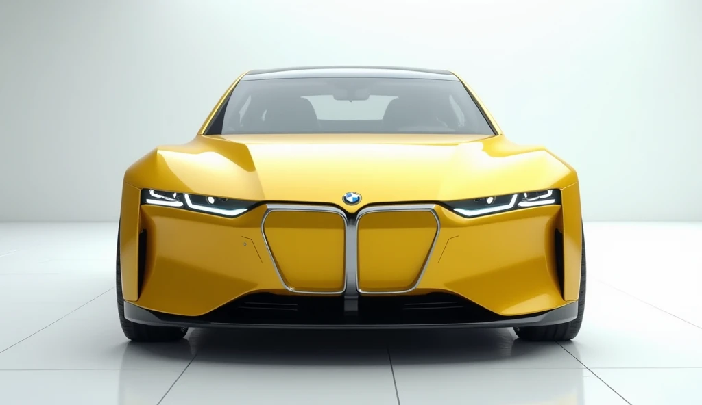 A 4K ultra-realistic image of a New 2025 (BMW E6 electric ) in (yellow), a premium car. The car is parked in a showroom with white room on the floor. The image is straight (front) look perfect.